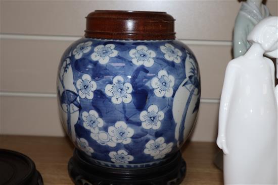 Two Chinese blue and white jars and covers and a pair of hardwood stands